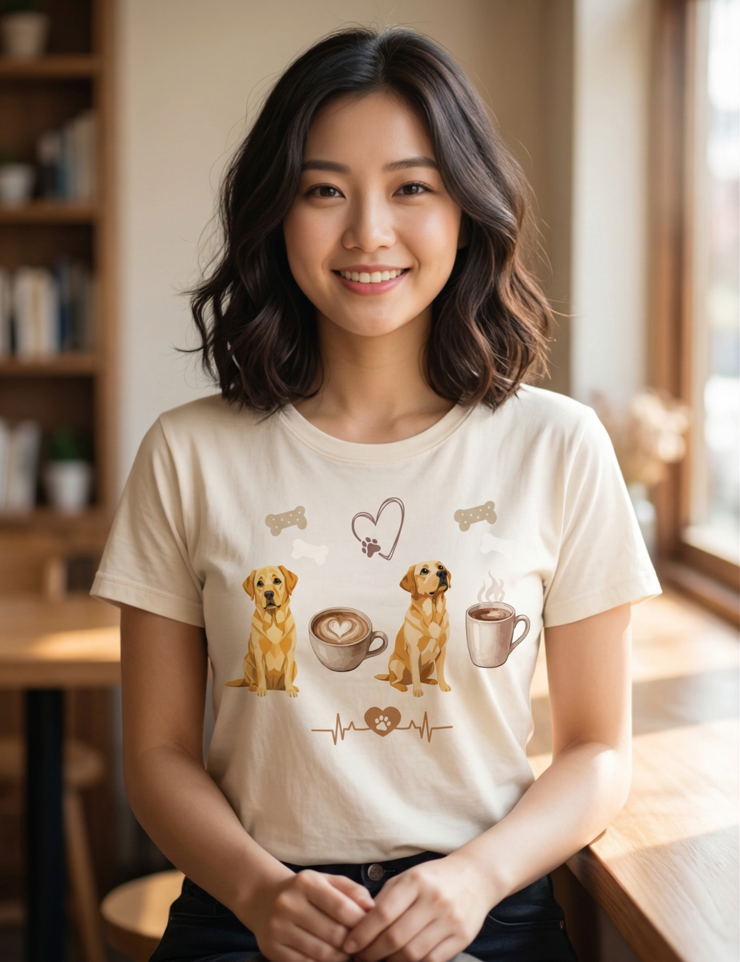Yellow Labrador Mum T-shirt– Coffee & Dog Lover T-shirt | Cute Lab Dog Walking T-shirt  for Women | Gift for Labrador Owners