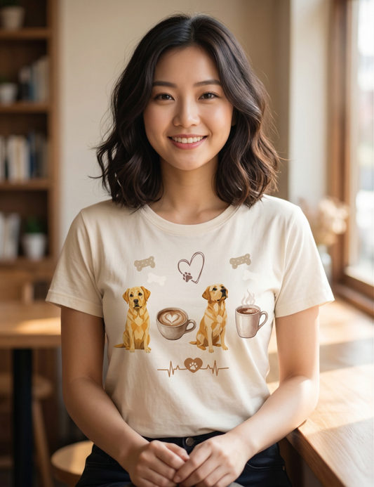 Yellow Labrador Mum T-shirt– Coffee & Dog Lover T-shirt | Cute Lab Dog Walking T-shirt  for Women | Gift for Labrador Owners